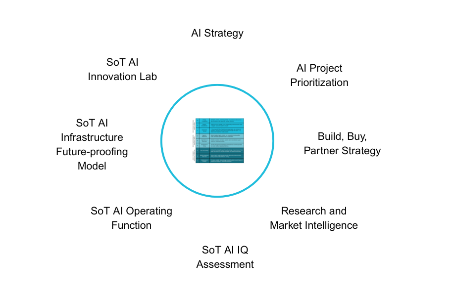 Diagram showing the SoT AI Enterprise Reference Model as the central foundation for eight interconnected capabilities: AI strategy, AI project prioritisation, build-buy-partner strategy, research and market intelligence, AI IQ assessment, SoT AI Operating Function, SoT AI Innovation Lab, and SoT AI advisory services