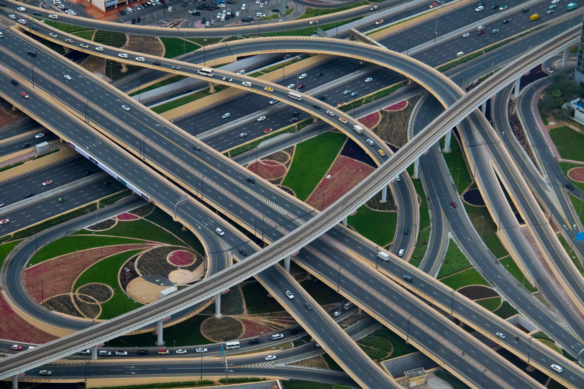 Aerial view of a complex highway interchange representing the challenge of AI project prioritization and building a structured AI portfolio